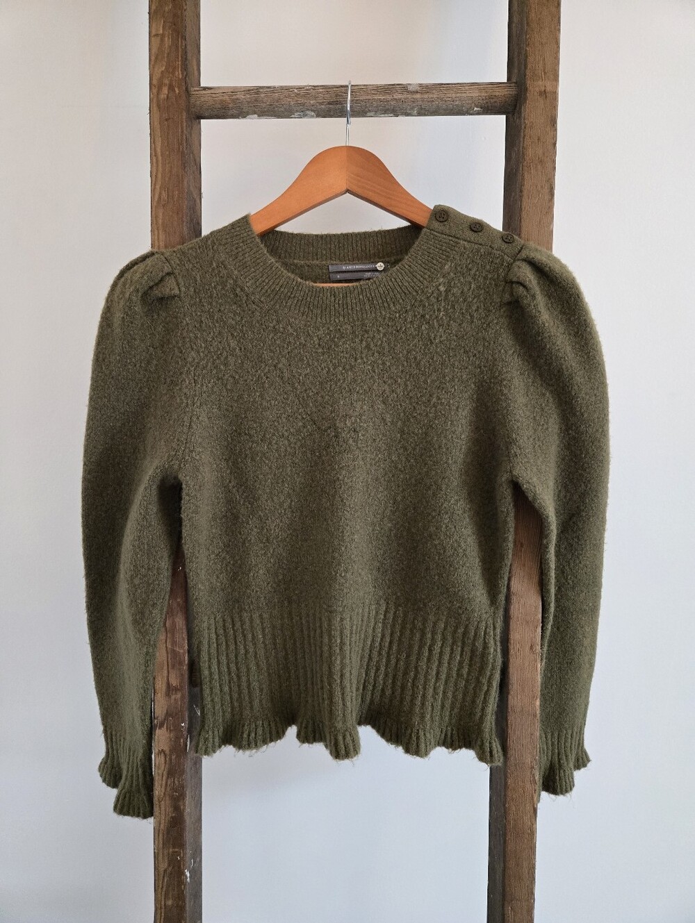 By Anthropologie Olive Green Women's Button-Shoulder Sweater Small